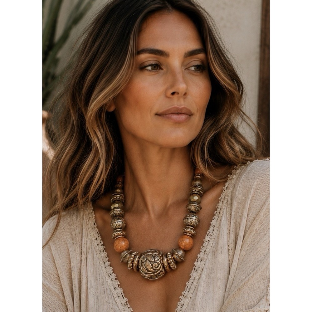 Boho Chunky Statement Necklace Orange Beads Gold Tone Tribal Artisan Art 21"